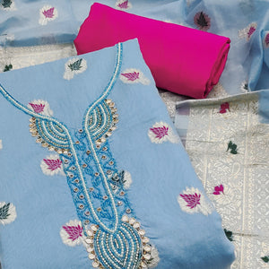 Blue Woven With Handwork Muslin Dress Material