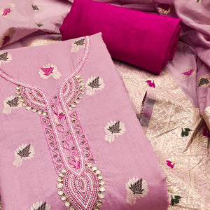 Pink Woven With Handwork Muslin Dress Material