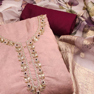 Peach Floral Digital Printed With Handwork Pure Cotton Dress Material