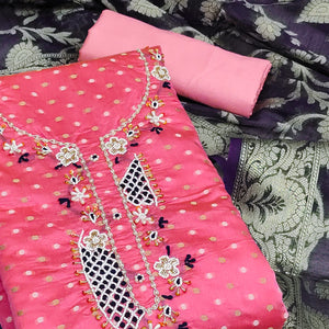 Pink Woven With Hand Embroidery Chanderi Dress Material