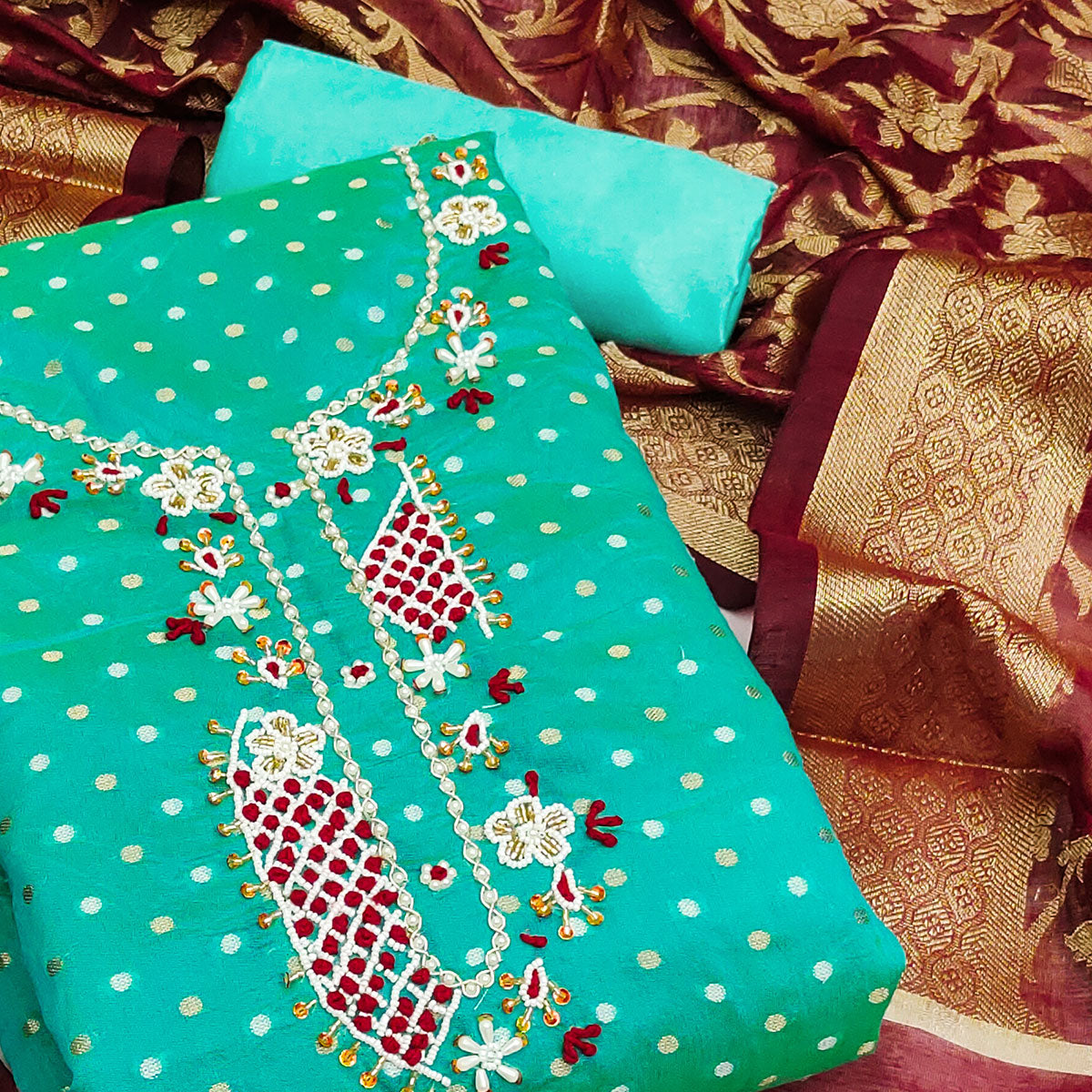 Turquoise Woven With Hand Embroidery Chanderi Dress Material