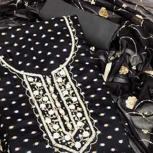 Black Woven With Hand Embroidery Chanderi Dress Material