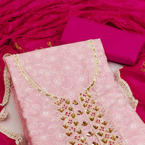 Pink Floral Printed With Hand Embroidery Pure Cotton Dress Material