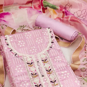 Pink Floral Printed With Hand Embroidery Chanderi Dress Material