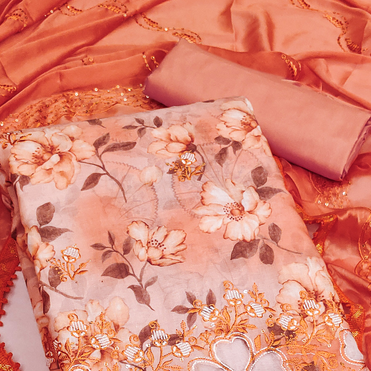 Orange Floral Embroidery With Printed Pure Cotton Dress Material