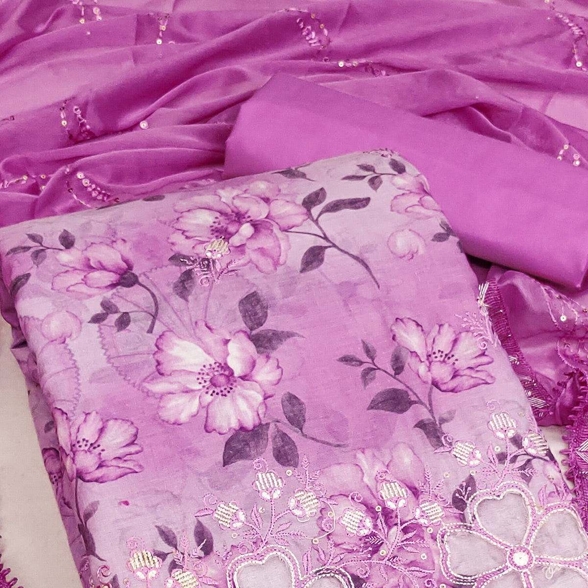 Purple Floral Embroidery With Printed Pure Cotton Dress Material