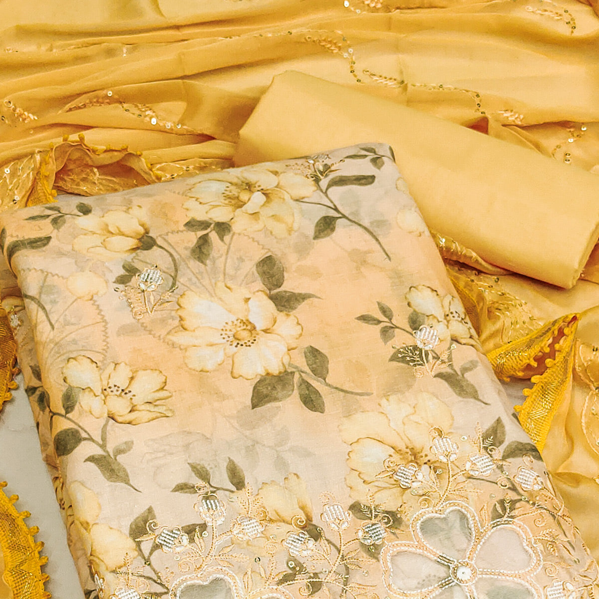 Yellow Floral Embroidery With Printed Pure Cotton Dress Material