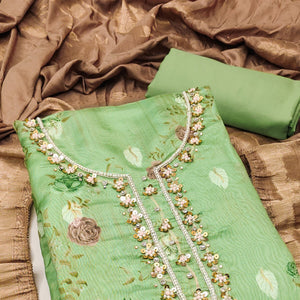 Green Floral Digital Printed With Handwork Organza Dress Material