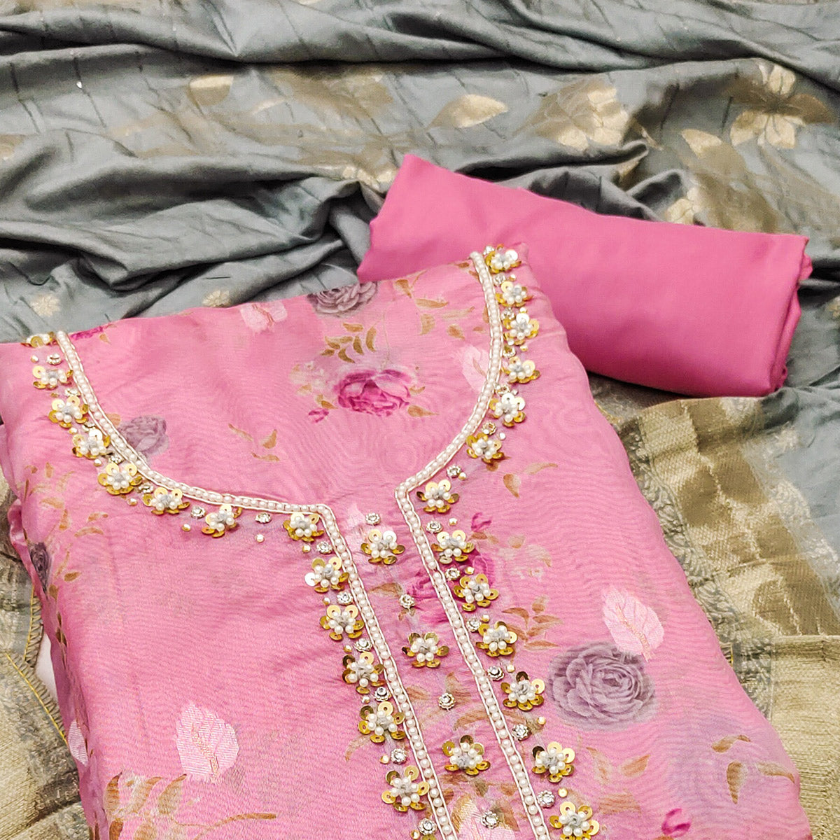 Pink Floral Digital Printed With Handwork Organza Dress Material