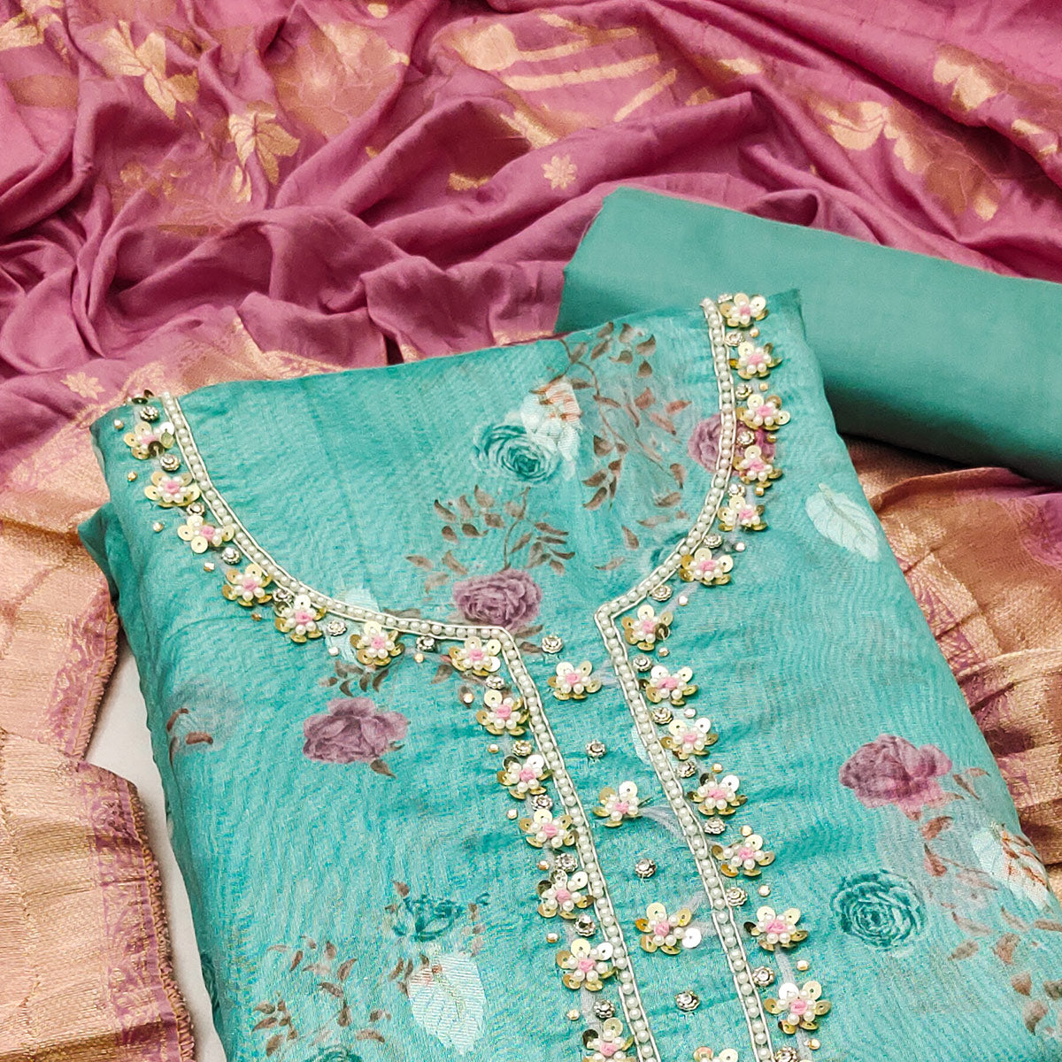 Turquoise Floral Digital Printed With Handwork Organza Dress Material