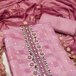 Pink Floral Digital Printed With Handwork Chanderi Dress Material