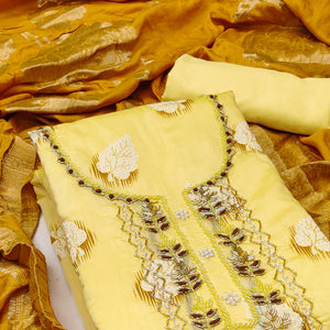 Yellow Printed With Hand Embroidery Chanderi Dress Material