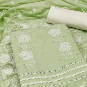 Green Floral Stone Embroidered Cotton Silk Dress Material