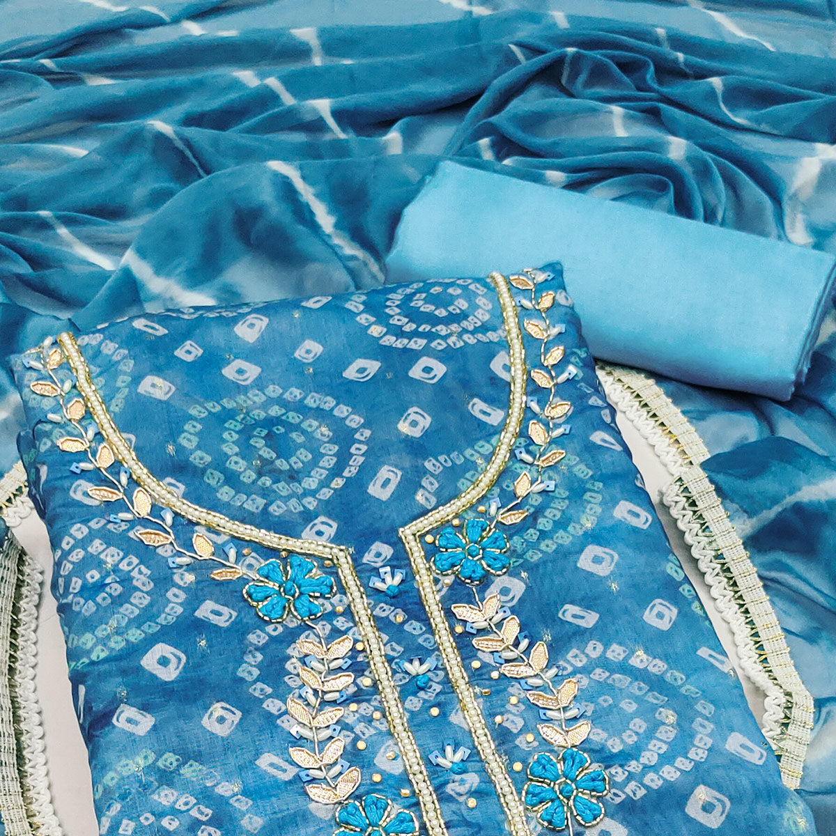 Blue Bandhani Printed With Hand Embroidery Chanderi Dress Material