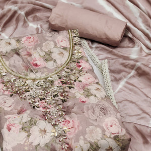 Dusty Peach Floral Digital Printed With Hand Embroidery Muslin Dress Material
