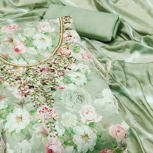Green Floral Digital Printed With Hand Embroidery Muslin Dress Material