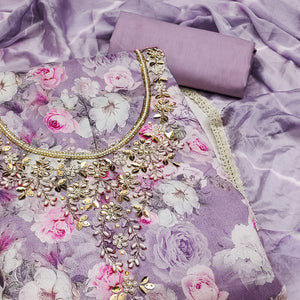 Lavender Floral Digital Printed With Hand Embroidery Muslin Dress Material