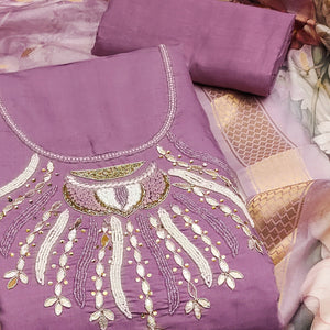 Purple Hand Embroidered Cotton Silk Dress Material