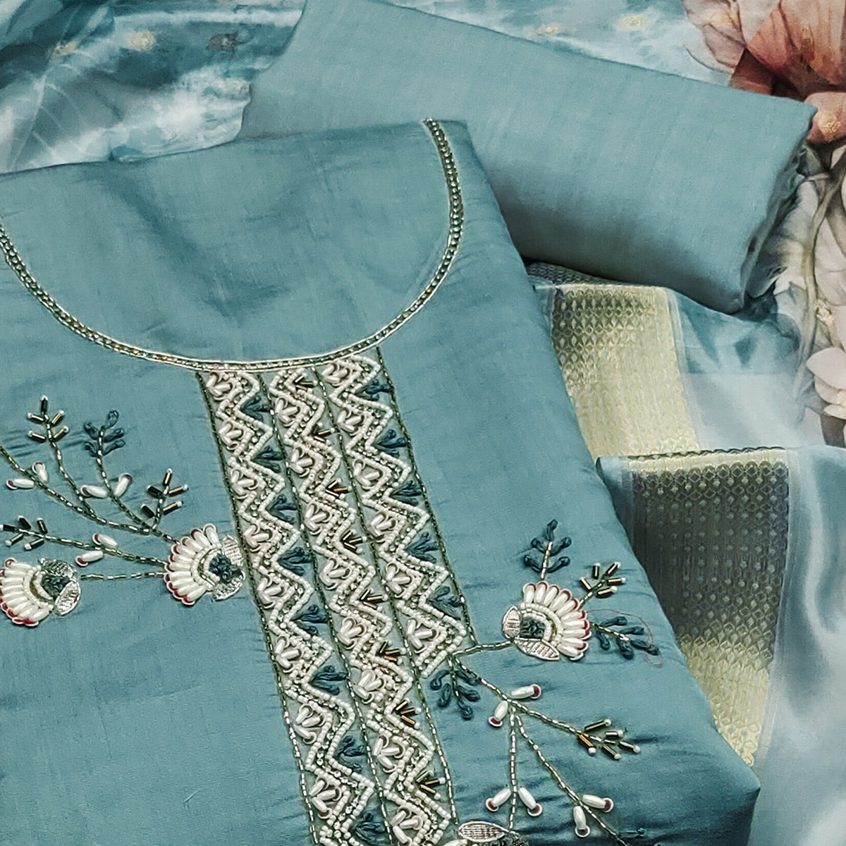 Blue Floral Hand Embroidered Cotton Silk Dress Material