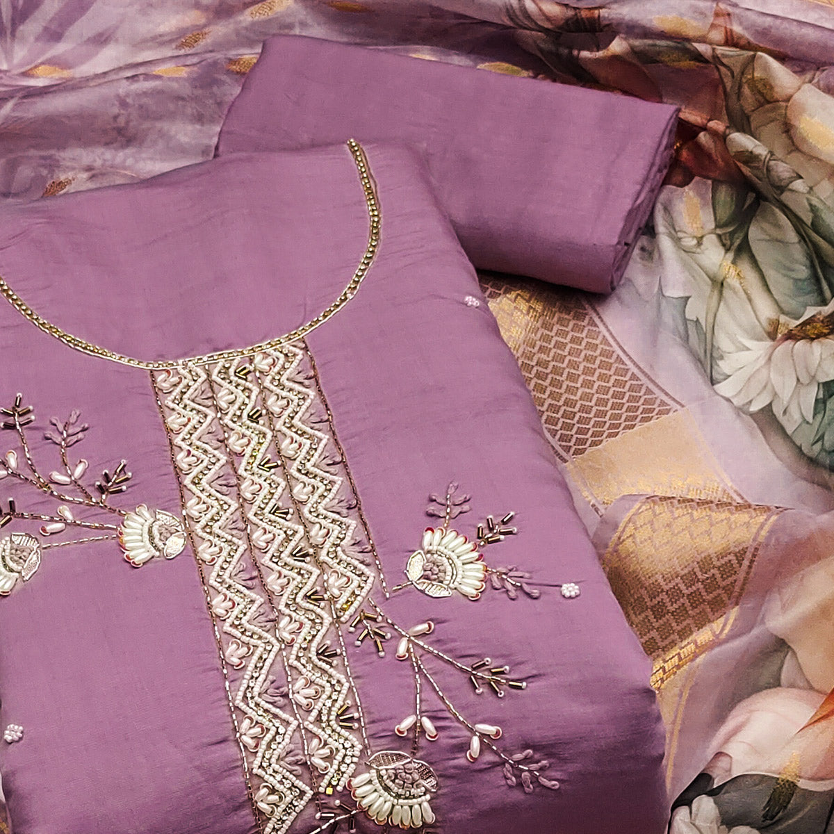 Purple Floral Hand Embroidered Cotton Silk Dress Material