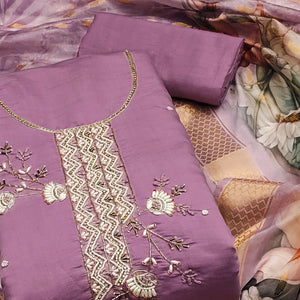 Purple Floral Hand Embroidered Cotton Silk Dress Material