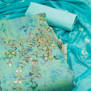 Blue Printed With Hand Embroidery Pure Cotton Dress Material