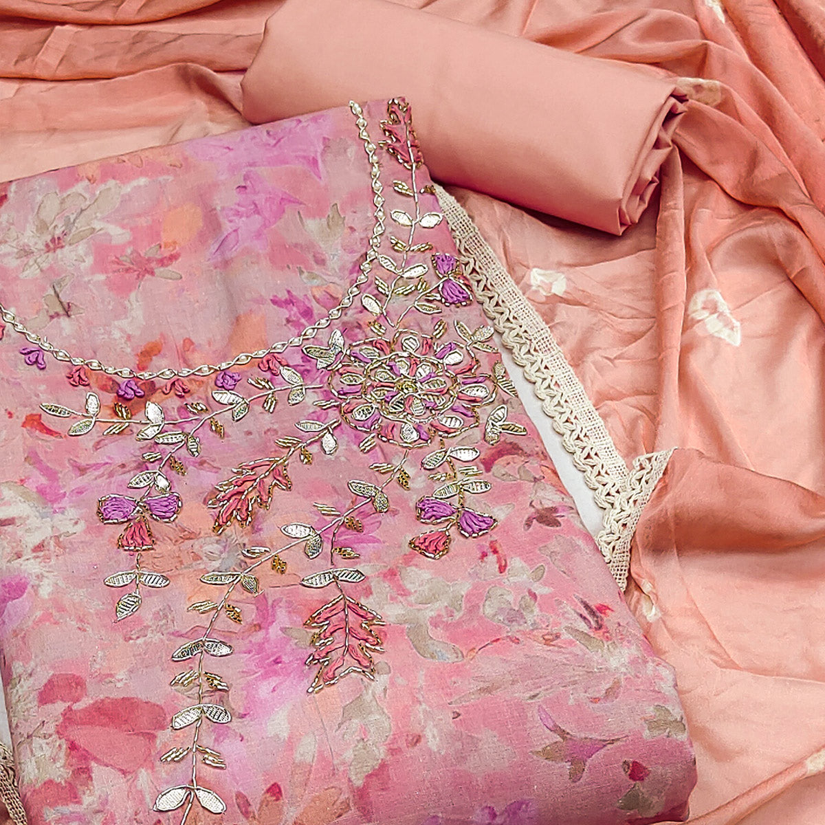 Peach Printed With Hand Embroidery Pure Cotton Dress Material