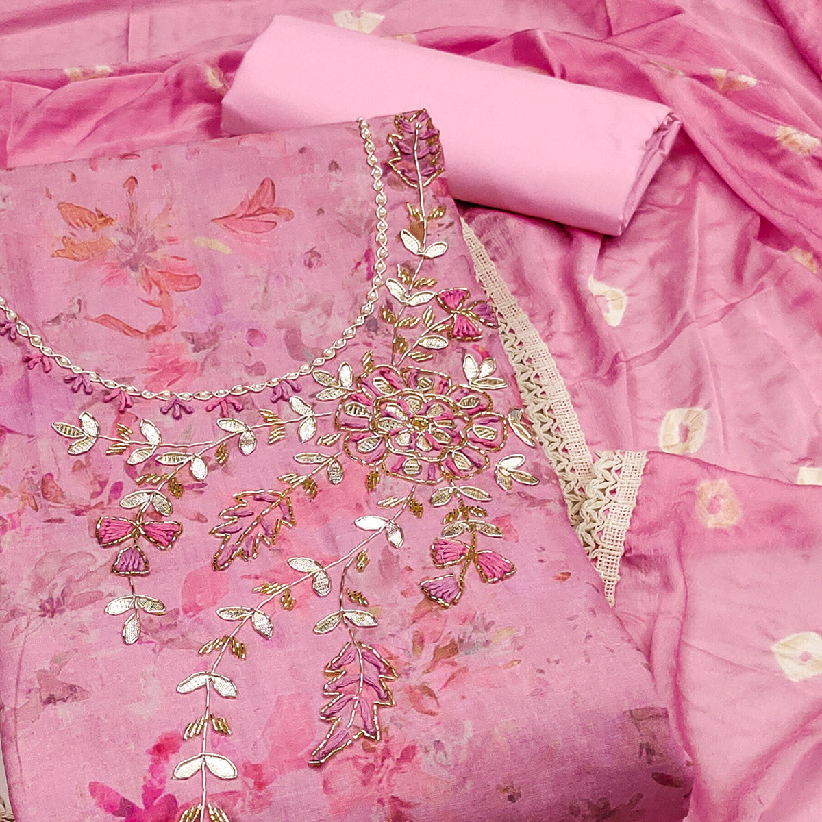 Pink Printed With Hand Embroidery Pure Cotton Dress Material