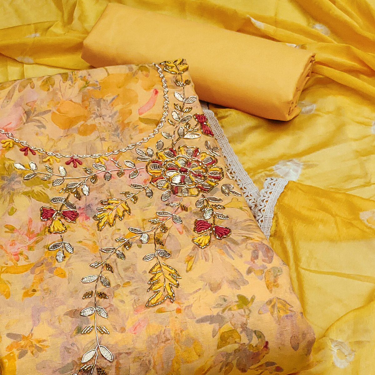 Yellow Printed With Hand Embroidery Pure Cotton Dress Material