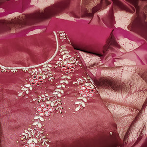 Rani Pink Floral Hand Embroidered Viscose Dress Material