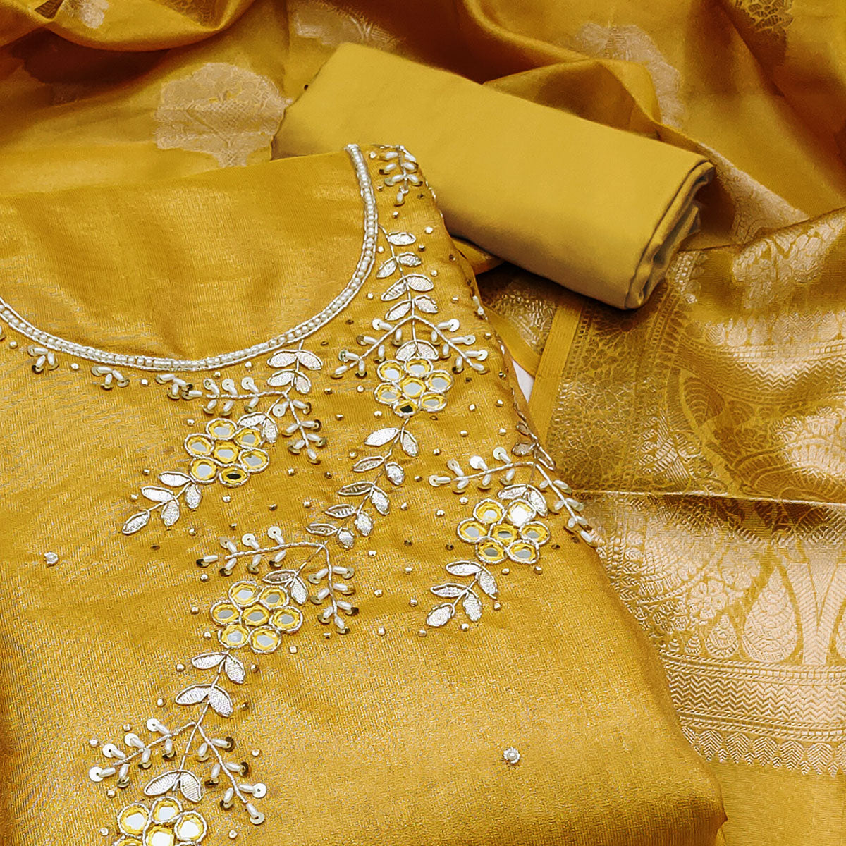 Yellow Floral Hand Embroidered Viscose Dress Material