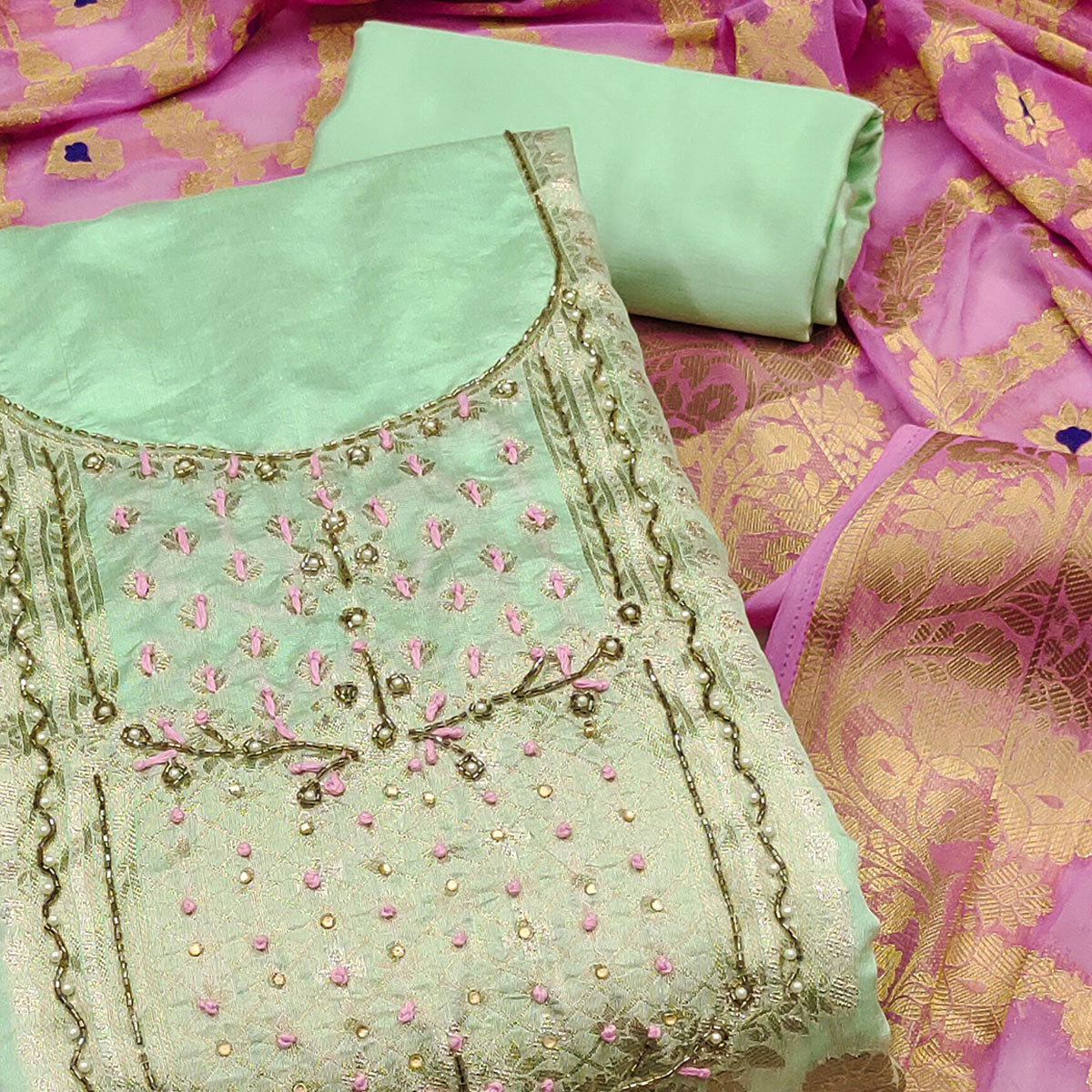 Green Woven With Hand Embroidered Chanderi Dress Material