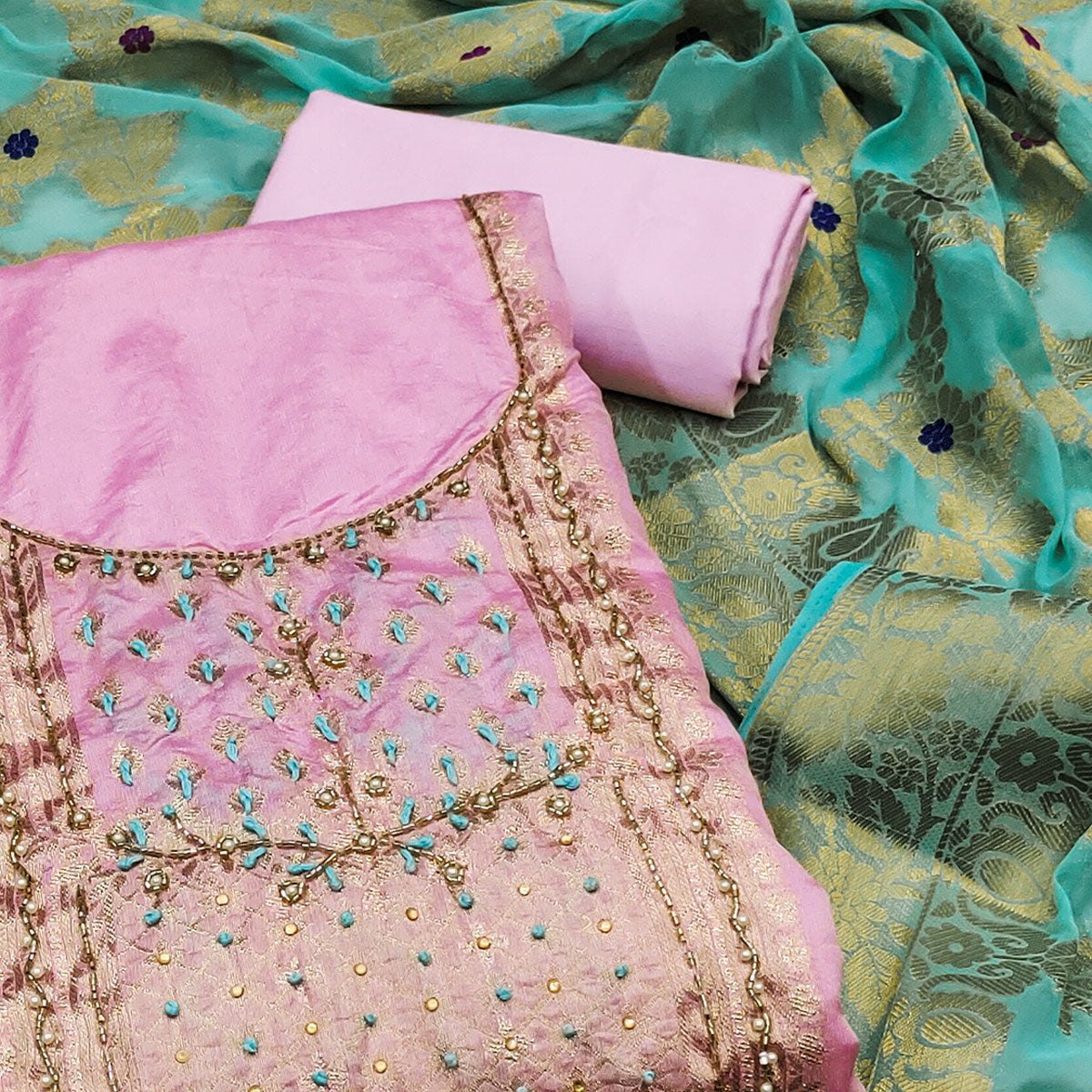 Pink Woven With Hand Embroidered Chanderi Dress Material