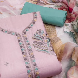 Light Pink Floral Embroidered Cotton Silk Dress Material