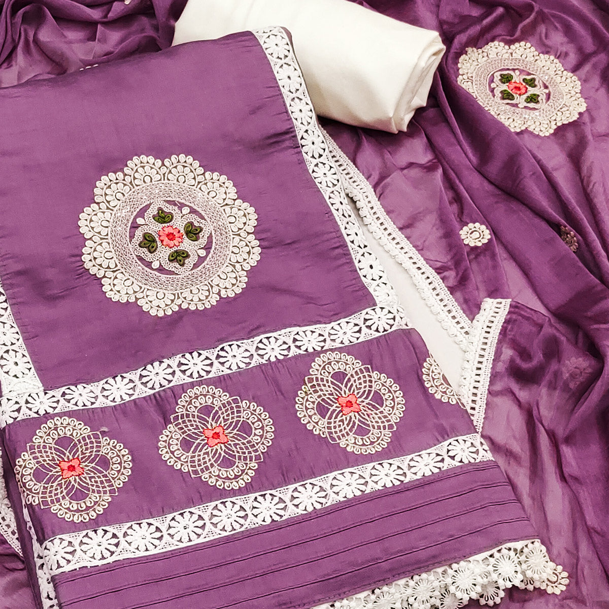 Purple Floral Embroidered Cotton Silk Dress Material