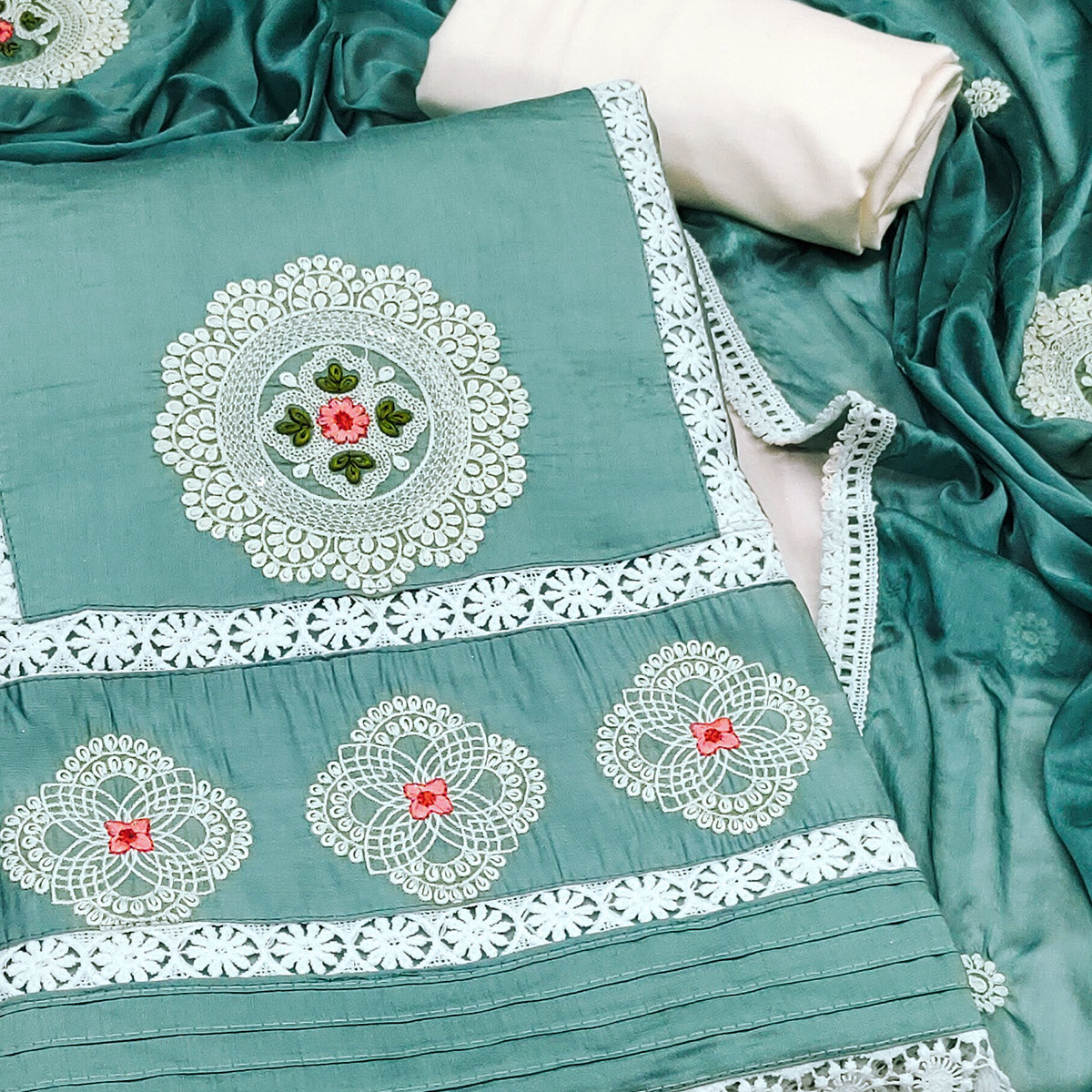 Rama Blue Floral Embroidered Cotton Silk Dress Material