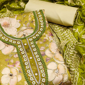 Green Floral Printed With Hand Embroidered Viscose Dress Material