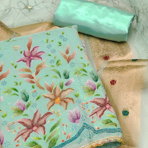 Turquoise Floral Hand Embroidered Organza Dress Material