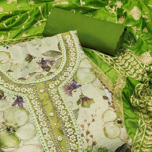 Green Floral Digital Printed With Hand Embroidery Viscose Dress Material