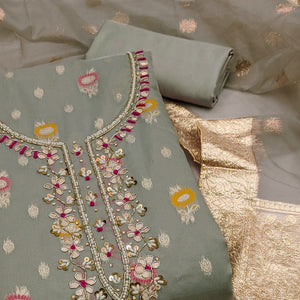 Grey Woven With Handwork Organza Dress Material