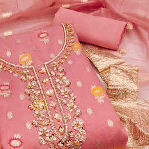 Pink Woven With Handwork Organza Dress Material