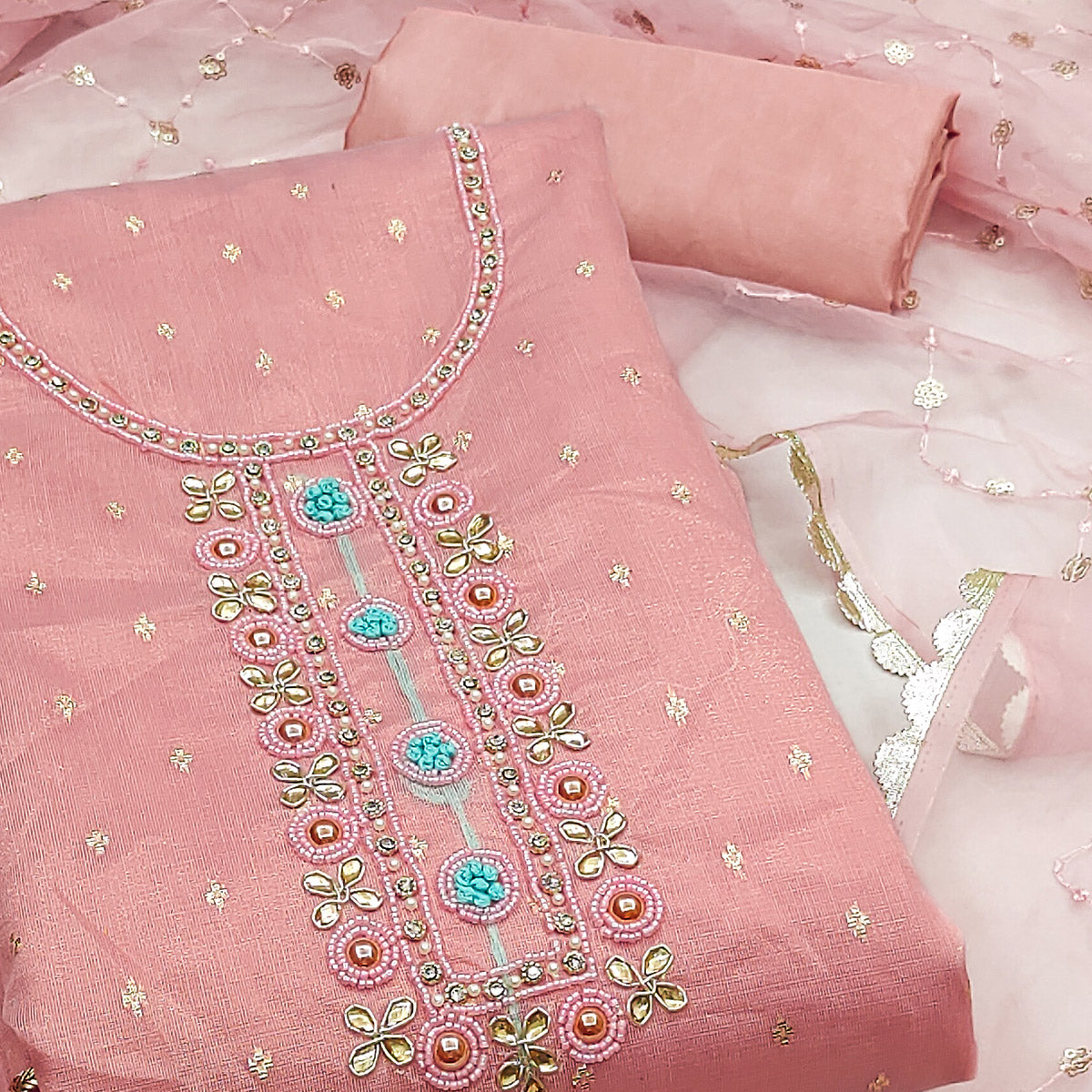 Pink Woven With Handwork Organza Dress Material