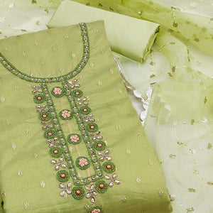 Pista Green Woven With Handwork Organza Dress Material