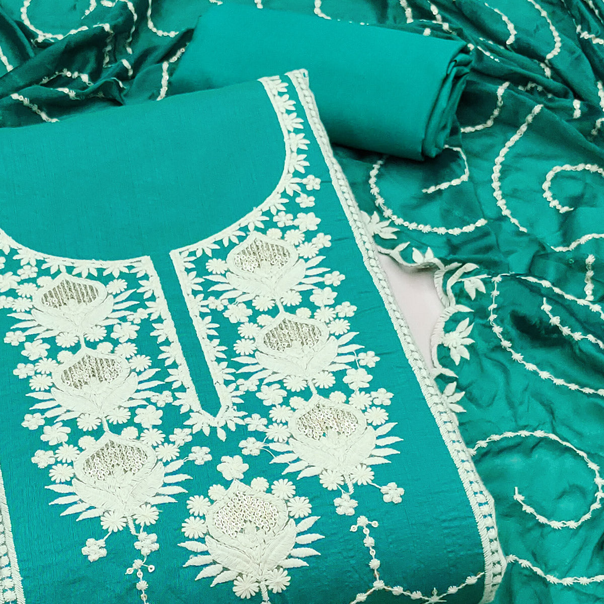 Rama Green Floral Sequins Embroidered Chanderi Silk Dress Material