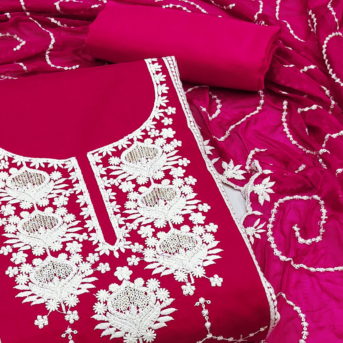Rani Pink Floral Sequins Embroidered Chanderi Silk Dress Material