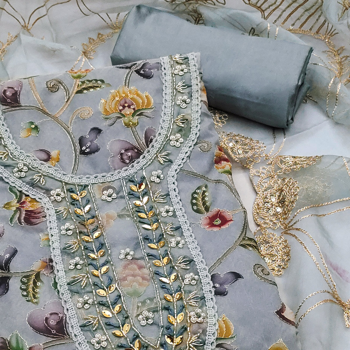Grey Floral Digital Printed With Hand Embroidery Organza Dress Material