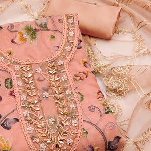Peach Floral Digital Printed With Hand Embroidery Organza Dress Material