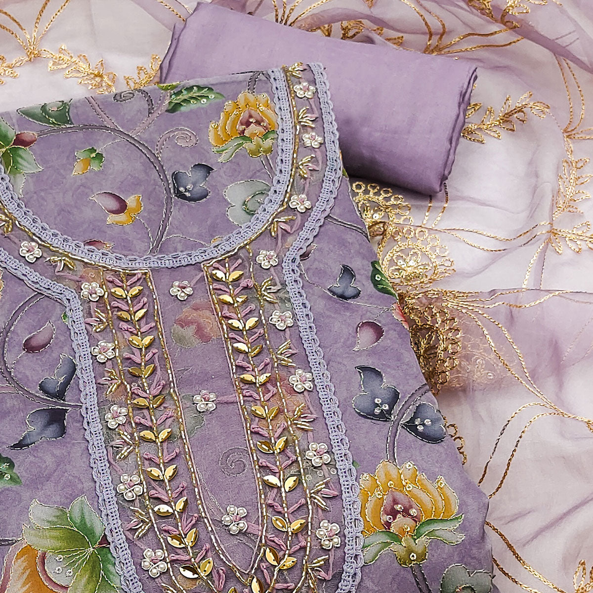 Purple Floral Digital Printed With Hand Embroidery Organza Dress Material