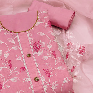 Pink Floral Embroidered Chanderi Silk Dress Material