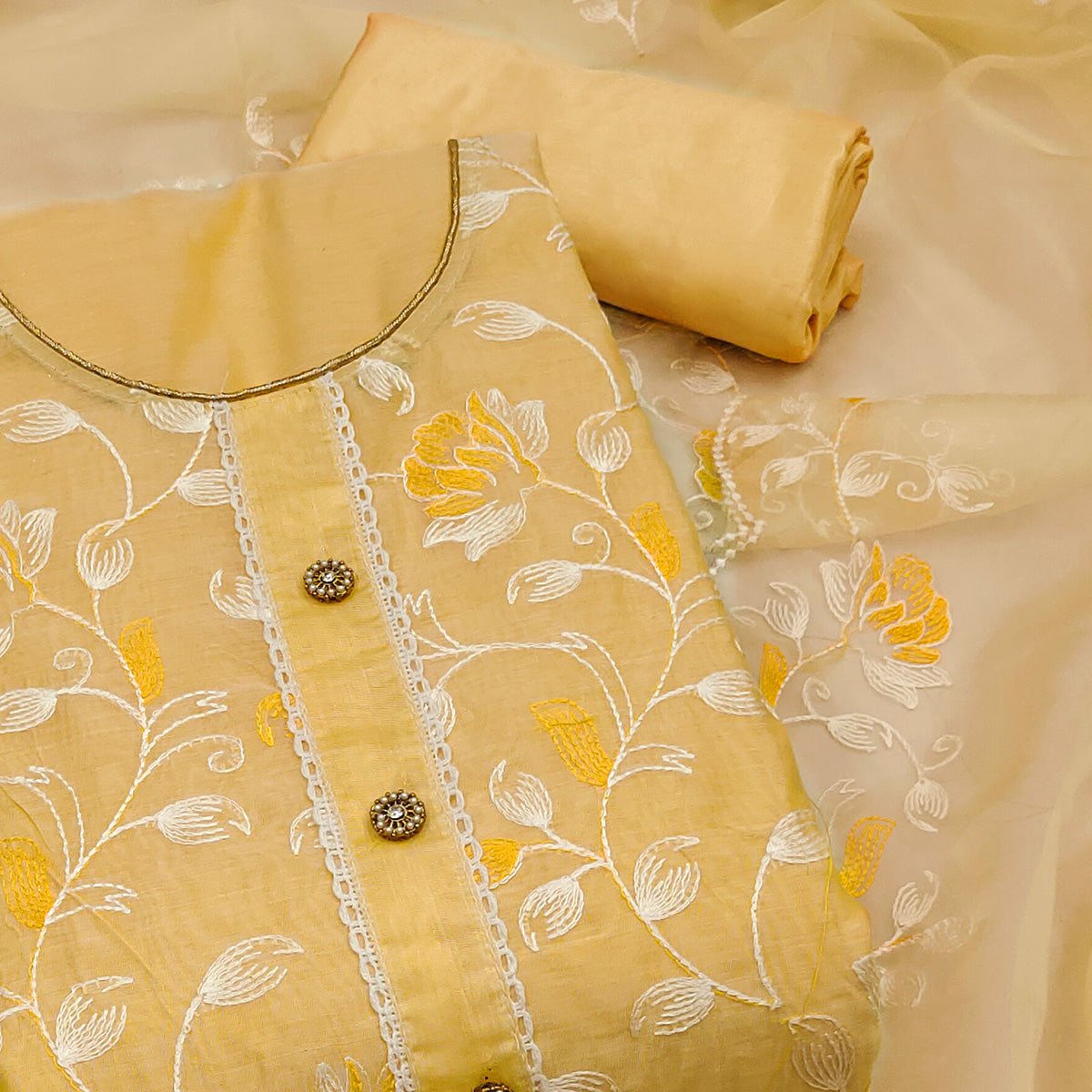 Yellow Floral Embroidered Chanderi Silk Dress Material